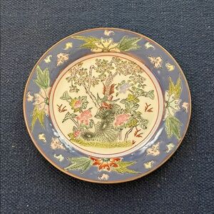 Japanese Floral Decorative Plate with Blue Border